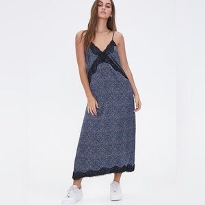 Elegant Blue Maxi Dress with Black Lace Trim